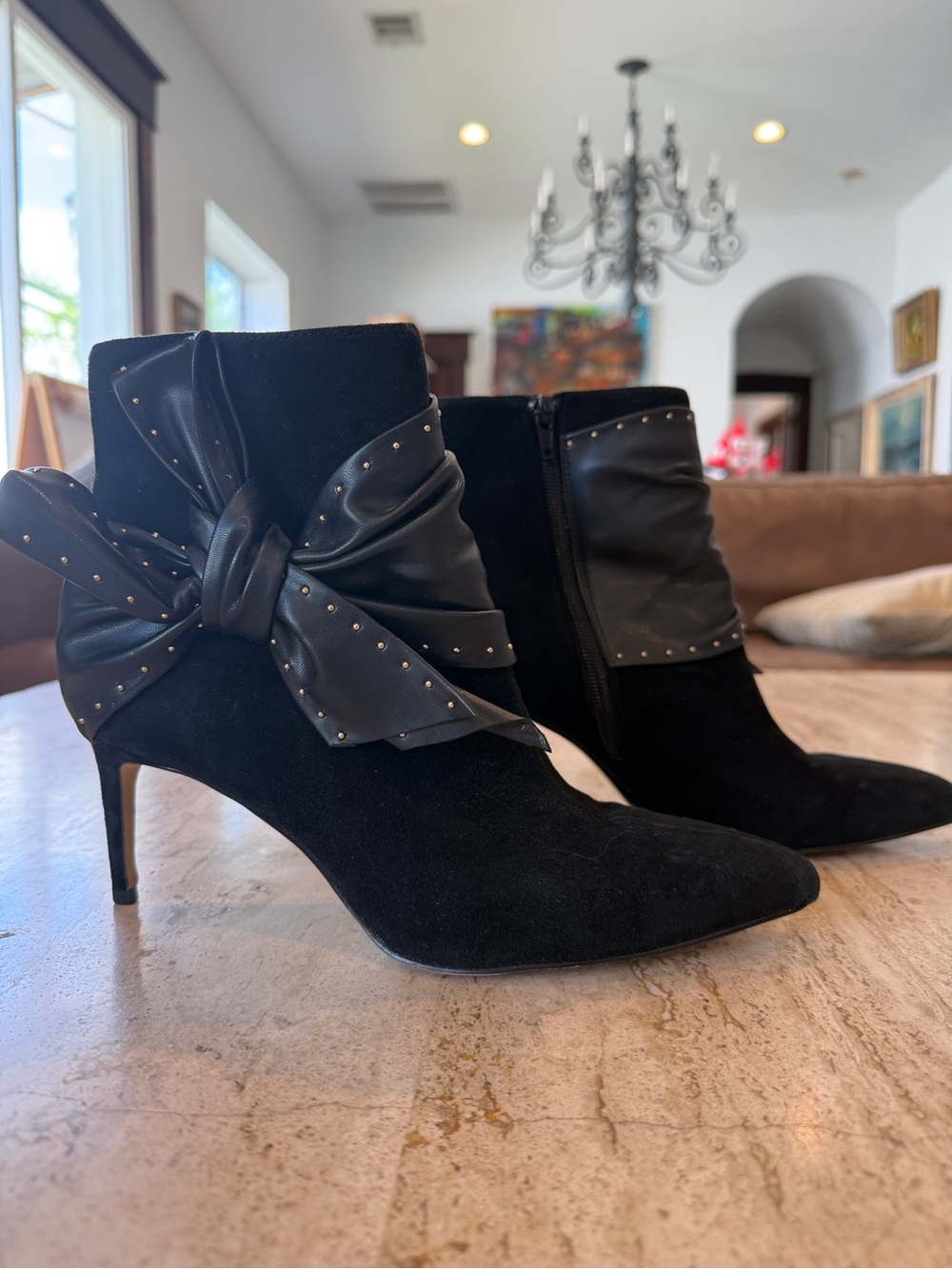 White House Black Market Black Suede Ankle Boots with Studded Bow